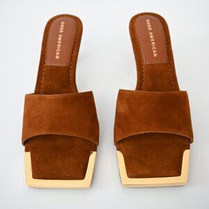 Good American Brown Suede Heels with Gold Accents – Size 5